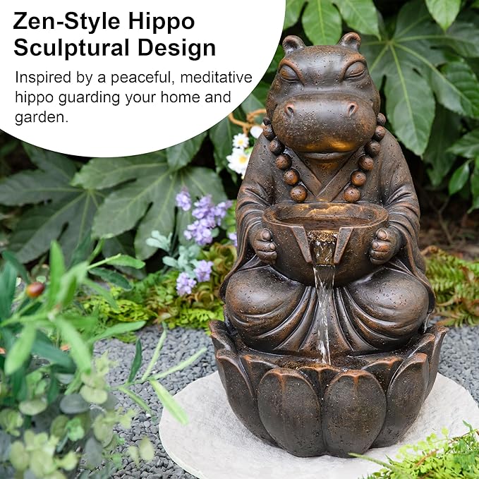 Glitzhome Water Fountain Outdoor, Outdoor Fountain with Lights, Zen-Style Water Fountain with Pump, 22" H 2-Tiered Bronze Hippo Polyresin Water Feature for Home Patio Garden Backyard Decor