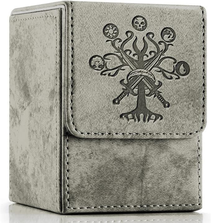 PROMAXIBINDER MTG Card Deck Box, Commander Deck Box Fits 100+ Single Sleeved Cards, Storage for TCG/MTG Crads, PU Leather Strong Magenet (Grey, Tree)