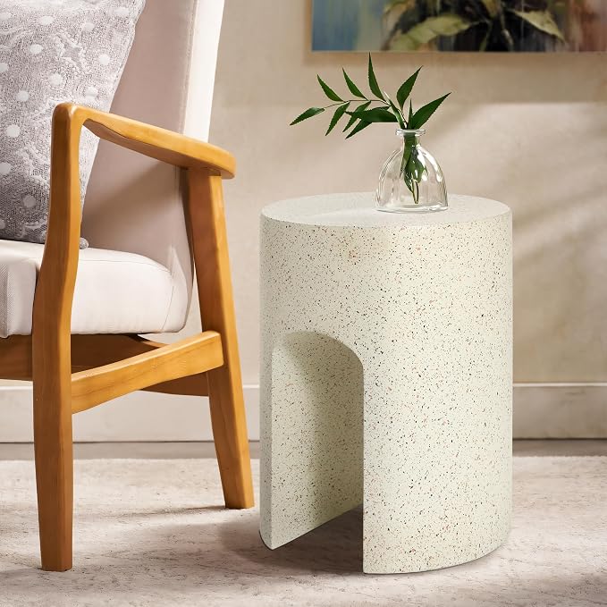 LuxenHome Outdoor Side Table, 18 inch Mod Cream Cement Round with U-Shape Side Table Small Accent Decorative Stool for Garden,Patio, Indoor and Outdoor
