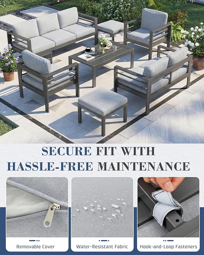 AECOJOY Aluminum Patio Furniture Set, 9 Seats Modern Outdoor Furniture with Coffee Table, 7 Pieces Metal Conversation Sectional Sofa, Light Gray