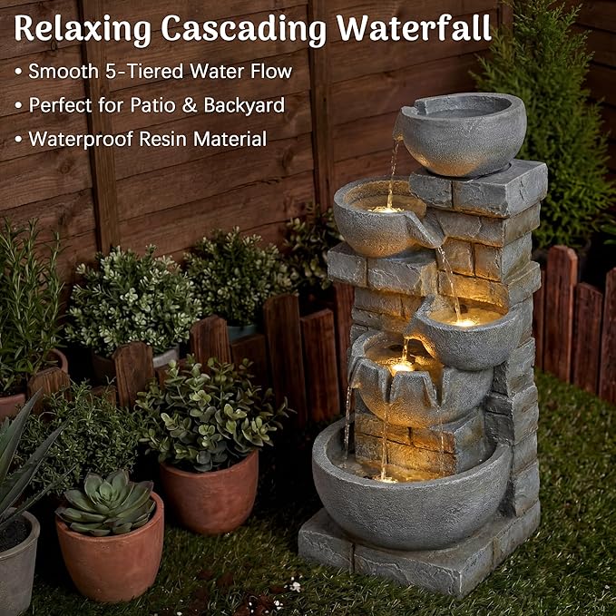 Redlife 31.5" Outdoor Waterfall Fountain, 5-Tier Stone-Look Garden Water Feature with Unique 3-Stream Bowl, Warm LED Lights & Adjustable Pump, Waterproof Resin for Patio, Yard, Deck Decor