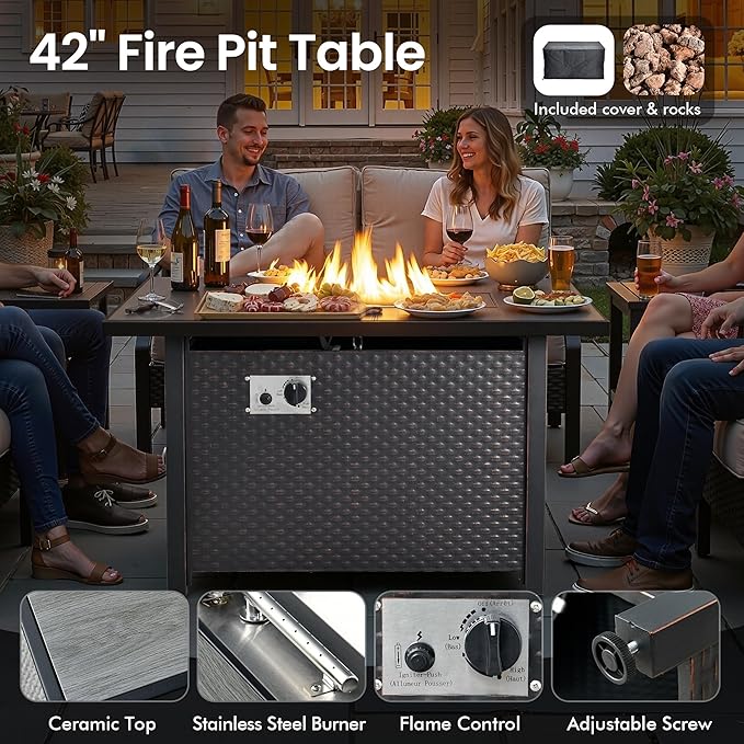 8 PCS Outdoor Patio Furniture Sets with 42'' Fire Pit Table,Wicker Weather Resistant Patio Conversation Set with Comfy Cushions,Modular L Shaped Sofa with Coffee Table for Yard,Denim Blue