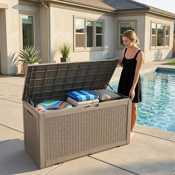 Outdoor Storage Box, 110 Gallon Waterproof Deck Box [Upgraded 3.0], Auto-Open Gas Struts Resin Organizer for Lounger Pillows, Secure Lockable Backyard Storage Bench, Poolside Deck, Grey