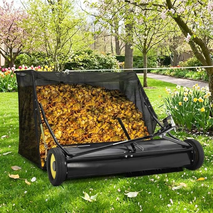 Tow Behind Lawn Sweeper 48" Wide, 26 Cu.Ft Large Hopper Yard Sweeper, Pull Behind Leaf Collector with Adjustable Sweeping Height, Universal Fit for Lawn Tractor & Debris Cleanup