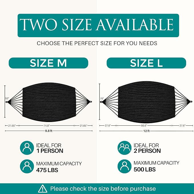 Hammock for 1-2 Person, 475 lbs Capacity – Handwoven Mexican Hammock, 100% Soft Cotton – 9.8 ft Mayan Hammock for Patio, Backyard, Indoor & Camping – Medium, Black