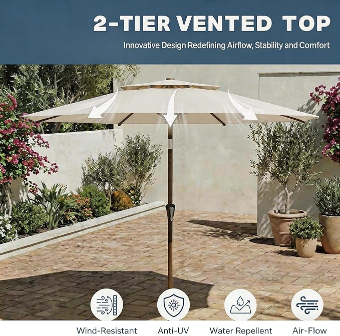 Patio Umbrella, 2 Tier Outdoor Table Umbrella, Large Vented Market Umbrellas with Push Button Tilt and Crank, 8 Sturdy Ribs for Backyard, Deck, Pool, UPF50+ UV Protection