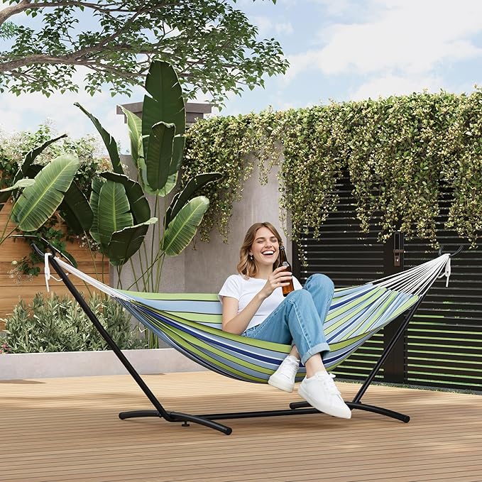 Double Hammock,Outdoor Portable Hammocks, Heavy Duty Hammock with Space Saving Steel Stand Included and Carry Bag, 450lb Capacity Standing Hammocks for Outside Garden Yard