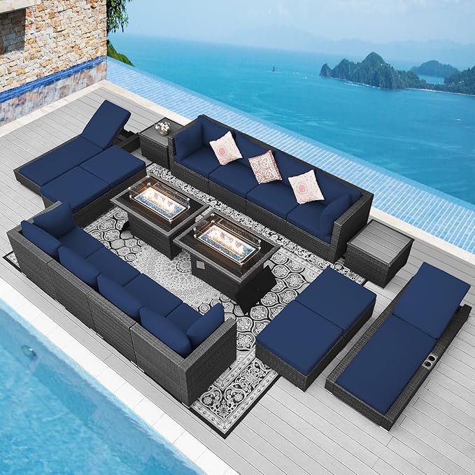 NICESOUL 18 Piece Patio Furniture Set with Fire Pit Table and Chaise, Modern Huge Complete Outdoor Wicker Couch Sets with Firepit and Loungers, 14-Seats Outdoor Seating Sectional Comfy Wide, Gray&Navy