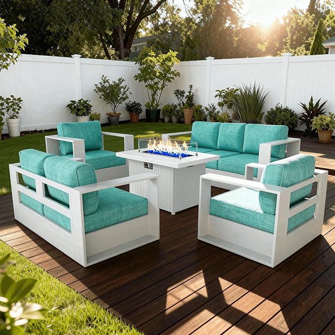 5 Pieces Patio Furniture Set with Fire Pit Table, Metal Modern Conversation Set with Deep Seating and Widened Aluminum Frame for Deck, Porch, Garden