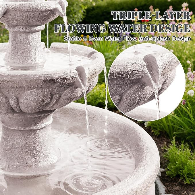 Kluomm 41" 3-Tiers Outdoor Water Fountains, Italian Pineapple Cascading Waterfall Fountain, Weather-Resistant Resin Freestanding Fountain Features for Garden, Patio, Backyard (Beige)
