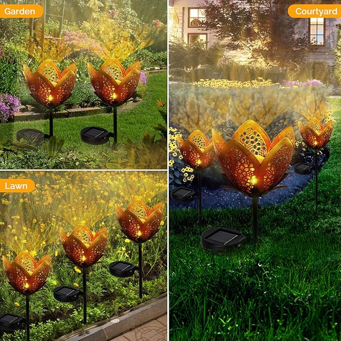 Outdoor Solar Tulip Light, Crackle Globe Glass Metal Flower Decorations Lights for Lawn Ornaments, LED Lotus Hollow Petal Stake Light for Patio Yard Lawn Walkway Ground (Tulip - 2pcs)
