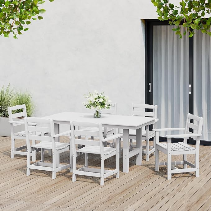 Costaelm Palms 7-Piece HDPE Outdoor Rectangular Patio Dining Table Set, White