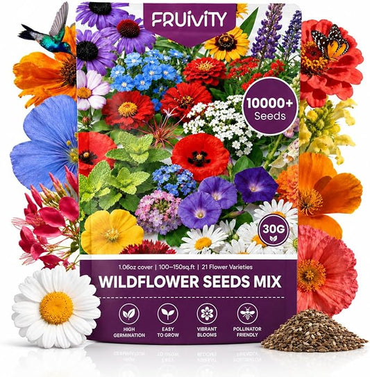 Wildflower Seeds Bulk 10000+, 1.06oz Butterfly Hummingbird Mix, 21 Variety Perennial Annual Mix, Heirloom Flower Seeds for Planting Outdoor Indoor, High Germination Rate Garden Seeds