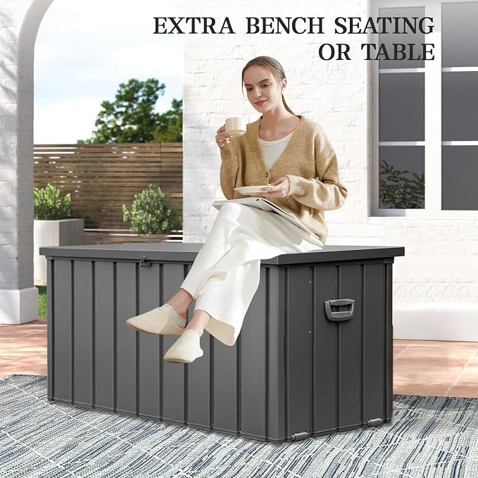 Domi 160Gallon Deck Box, Metal Outdoor Storage Box with Lock Wheels, Waterproof Outside Storage Box for Patio Cushions