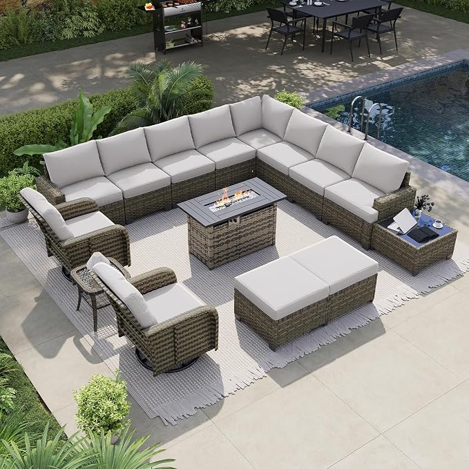 LazySunsets Luxury Patio Furniture Set with Fire Pit Table, All-Weather Patio Sectional Sofas with Thickened Cushions, 15 Piece Outdoor Furniture Set with Swivel Rocker Chairs & Ottomans, Grey