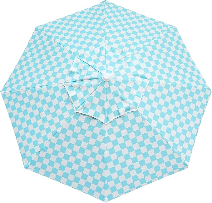 AMMSUN 7.8ft Seashore Umbrella, Outdoor Umbrella, Boho Beach & Patio Umbrella with UV 50+ Air Vent Ash Wood Pole Carry Bag & Water-Resistant Canvas (Blue Check)