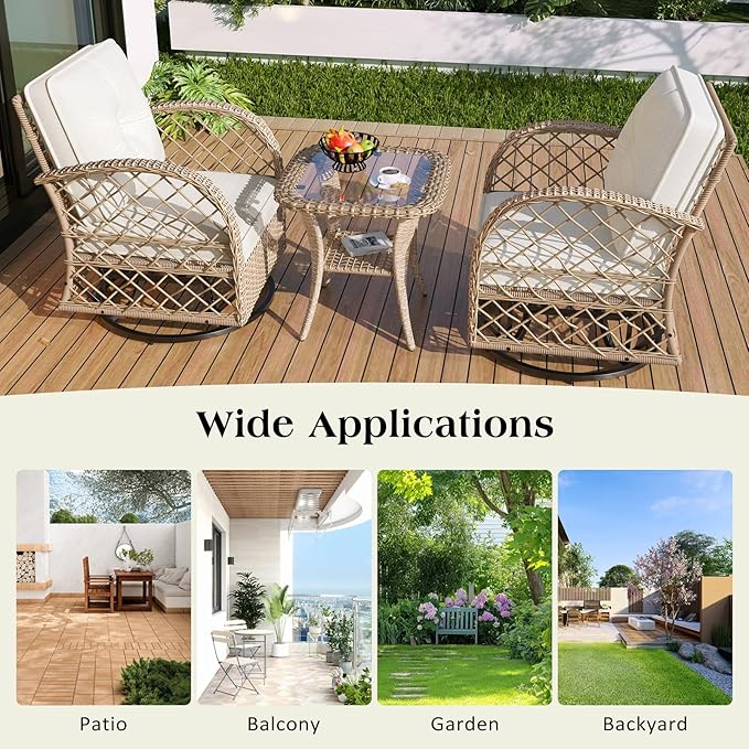 3-Piece Outdoor Chair&Table Set Chat Set, Outdoor Patio Set Modern Rattan Chair Furniture Sets with Two Swivel Chairs and a Square Table 2-Person Rattan Seating Group for Garden, Balcony, Natural