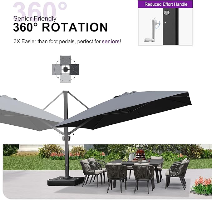 PURPLE LEAF 12 FT Square Outdoor Umbrella with Wheeled Base Large Offset Hanging Patio Cantilever Umbrella Included Base for Garden Deck Backyard Pool Grey