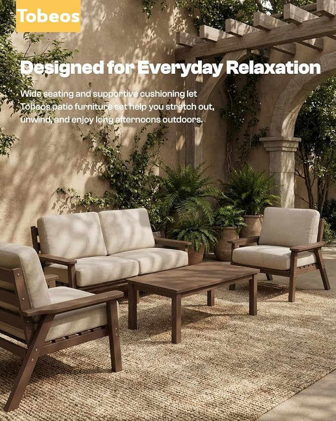 HDPE 6 Piece Patio Furniture Set, Outdoor Couch with Washable Thick Gray Cushions & Coffee Table & Side Table, Outdoor Sectional Furniture for Backyard, Deck, Lawn, Porch (White Frame)