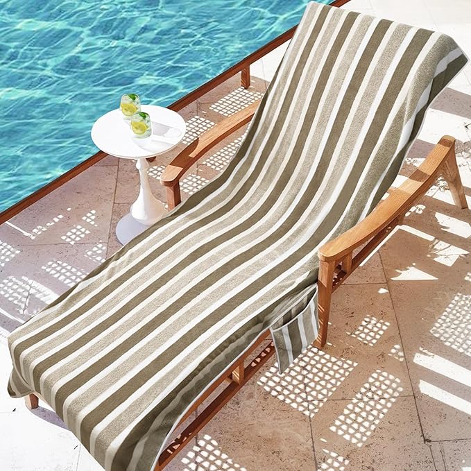 Lounge Chaise Chair Towel Cover - 1 Pc Ultra Plush & Absorbent Micro Fleece Towel Cover for Pool,Beach,Outdoor(Garden,Courtyard) | Faster Drying, Non-Slip, 2 Side Pockets | 85" x 30" - Brown