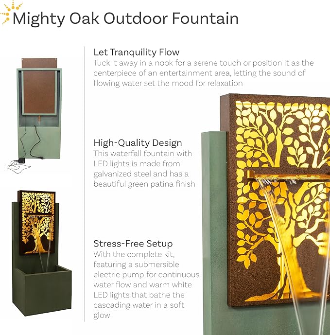 Sunnydaze Mighty Oak Outdoor Water Fountain with LED Lights - Galvanized Steel Floor-Standing Waterfall Fountain - 41.25-Inch