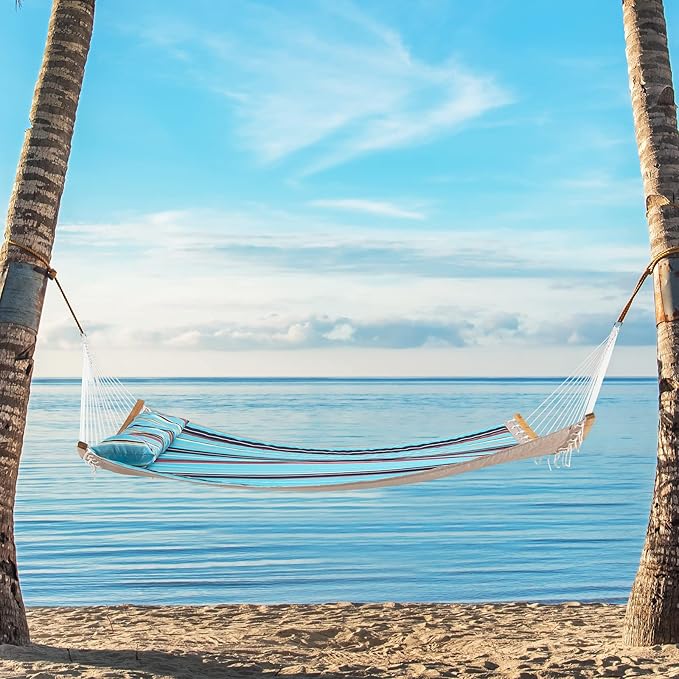 Tangkula 11FT Double Hammock, Heavy Duty Outdoor Hammock with Curved Spreader Bars, Detachable Pillow, 2 Person Hammocks for Outside, Porch, Patio (Blue)
