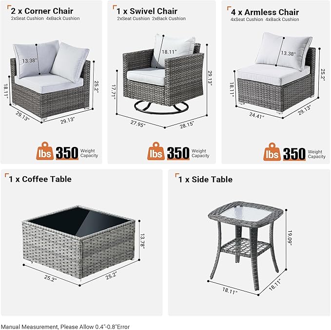 ovios Outdoor 9 Piece Coversation Set with Swivel Rocking Chair,Sectional Patio Furniture Set with All-Weather Wicker Sofa,Modern Outside Couch for Balcony Backyard Pool, Grey