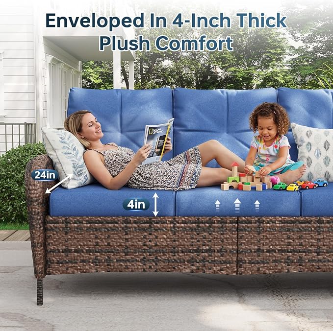 LazySunsets Luxury 9-Piece Patio Furniture Set, 360° Swivel Chairs, Wicker Rattan Sofa with Thick Cushion, Outdoor Conversation Set for Backyard, Poolside & Garden, Brown/Navy Blue