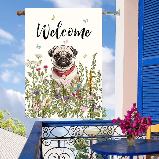 Floral Pug Garden Flag Spring Summer House Flags 28 x 40 Double Sided Flower Dog Yard Flags for Outside Large Outdoor Welcome Flags