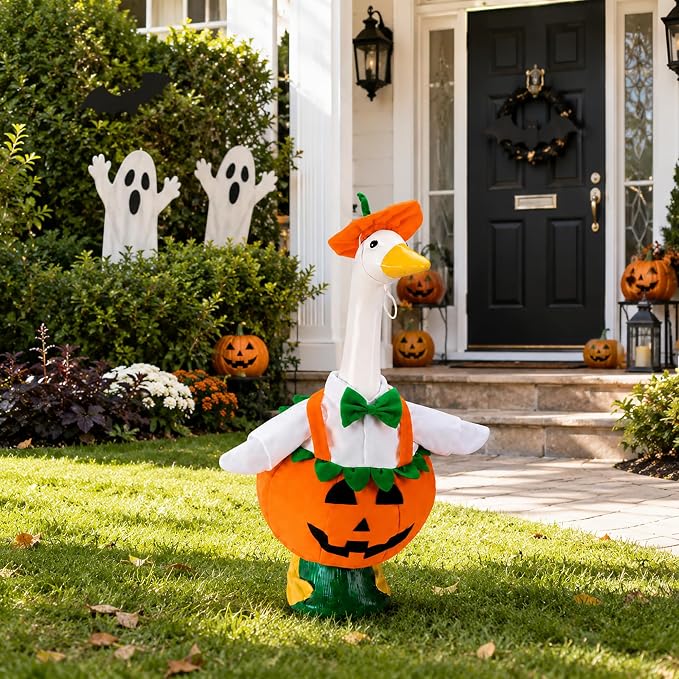 3 Set Holiday Porch Goose Outfits for Halloween Christmas Thanksgiving Day | Seasonal Goose Statue Costumes with Pumpkin Turkey Santa Outfit, Lawn Goose Clothes for 23" Statue