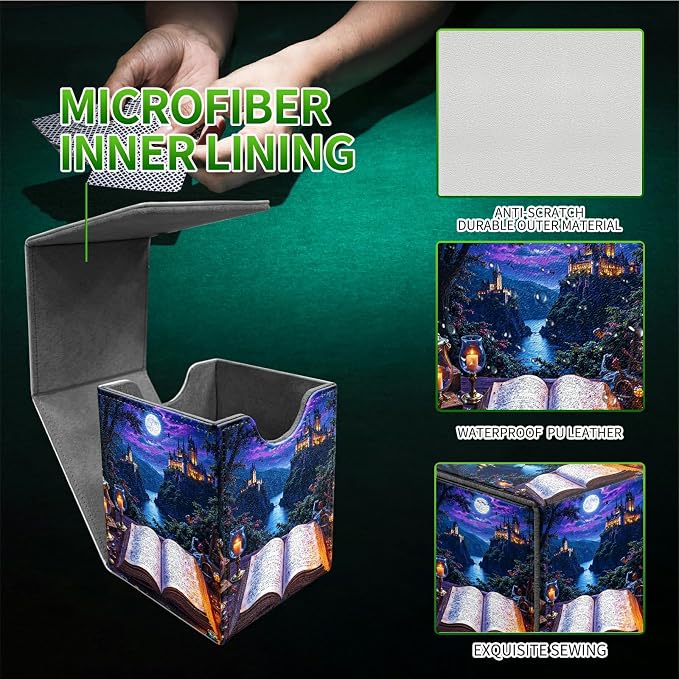 Castle Book Purple Card Deck Box for MTG, Personalized Card Storage Case Fits 120+ Sleeved Cards, Premium Leather TCG Box with Strong Magnetic Closure for Magic, CCG, PTCG, Baseball Cards