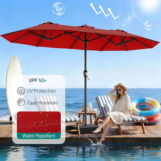 AreShark 15FT Outdoor Patio Umbrella with Crank, Large Rectangular Market Umbrella, Double-Sided Outdoor Umbrellas with Cross Base & Sandbag for Porch, Lawn, Pool, Backyard, Red