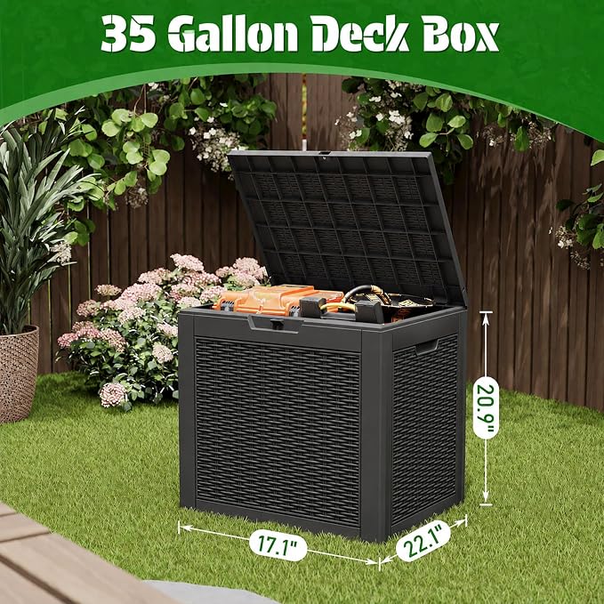 Bifanuo Outdoor Storage Box, 35 Gallon Deck Boxes Waterproof, Resin Storage Cabinet Multi Functional Storage Bench For Gardening Tools, Pool Supplies, Patio Furniture, Lockable