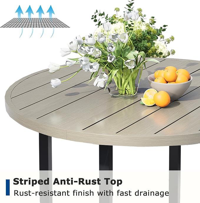 42" Round Patio Table with Umbrella Hole, Metal Outdoor Dining Table for Garden, Backyard and Deck, 4 Person Round Patio Dining Table for Outside, Honey Oak