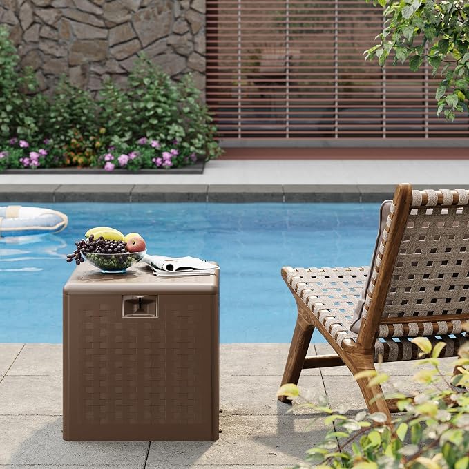 28 Gallon Outdoor Storage Box, Large Resin Deck Box with Lockable Lid & UV Resistant, All-Weather Deck Box for Patio Furniture, Pool Accessories, Gardening Tools, Brown