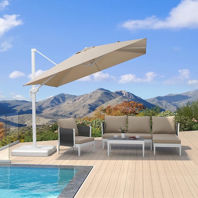 PURPLE LEAF 9 FT Patio Umbrella White Cantilever Umbrella Aluminum Square Outdoor Offset Umbrella Hanging Windproof with 360° Rotation for Garden Deck Pool, Beige