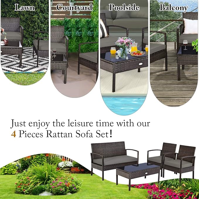 Outdoor Conversation Set 8 Pieces Patio Furniture, Wicker Patio Chair Sofa Set with Water-Resistant Dark-Brown Cushion & Tempered Glass Table for Backyard, Balcony, Porch(Brown)