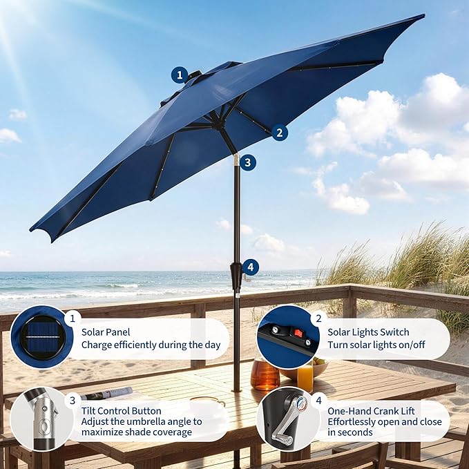 Garvee 10FT Patio Umbrella with 32 Solar LED Lights, Outdoor Table Market Umbrella with Tilt and Crank, 8 Sturdy Iron Ribs Sun Shade for Garden, Deck, Backyard and Pool, Navy Blue