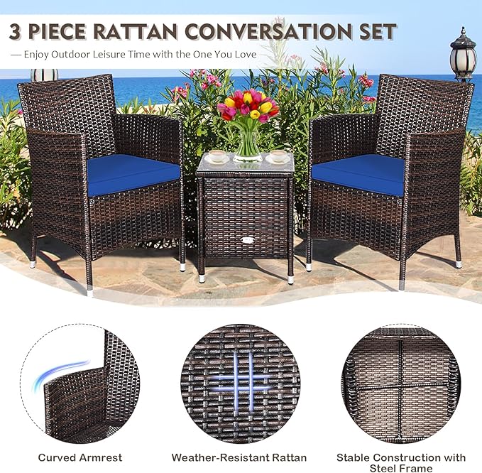 DORTALA 3 Piece PE Rattan Patio Furniture Set, Outdoor Chairs & Table Set with Tempered Glass Top & Cushions, Wicker Conversation Set for Garden Backyard, Navy