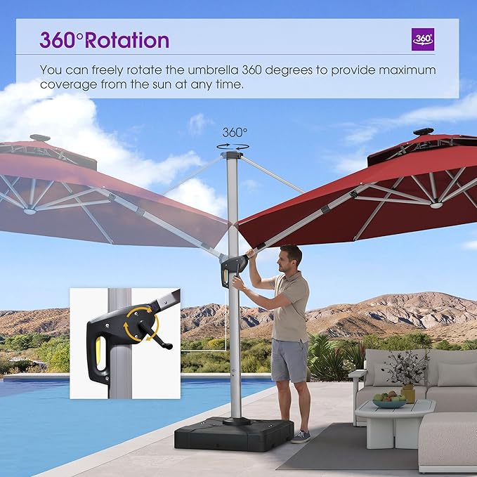 PURPLE LEAF 13ft Patio Umbrella with Lights Outdoor Round Large Cantilever Umbrella Solar Powered LED Windproof Offset Umbrella Heavy Duty for Garden Deck Pool Patio, Brick Red