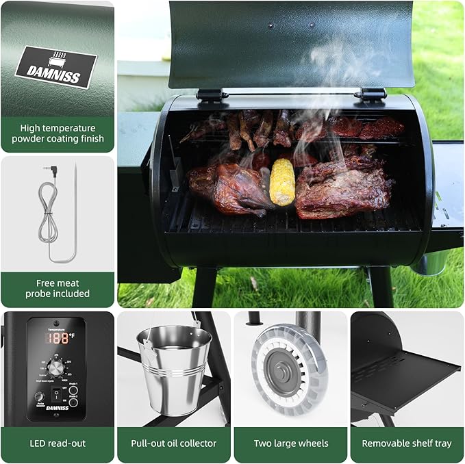 DAMNISS Pellet Grill Smoker 8 In 1 Outdoor Wood Electric Pellet BBQ Grill With PID Temperature Control And Meat Probe 456 Sq.In Removable Cooking Area Easy Clean
