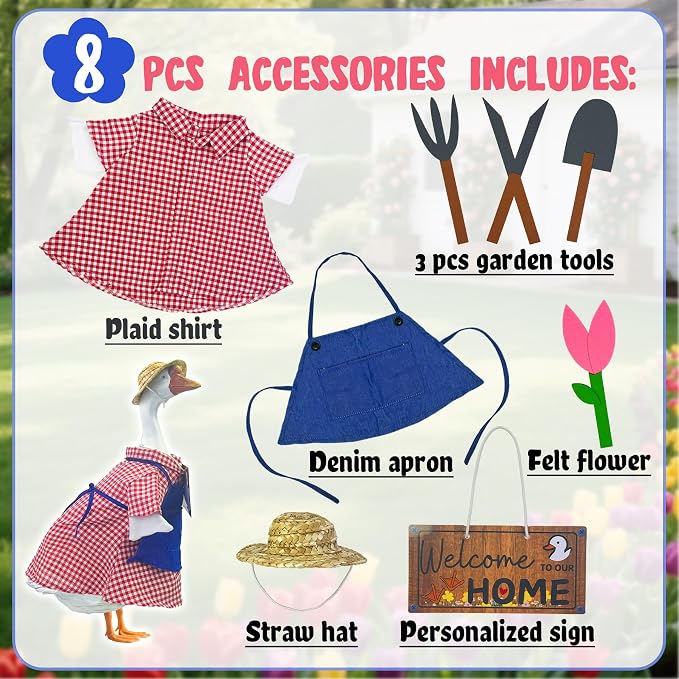 Gardener Porch Goose Summer Outfits Fits 23 inch, Spring Gardening Geese Statue Clothes Costume with Hat Shirt Apron Tools Flower, Garden Outdoor Yard Lawn Patio Decoration