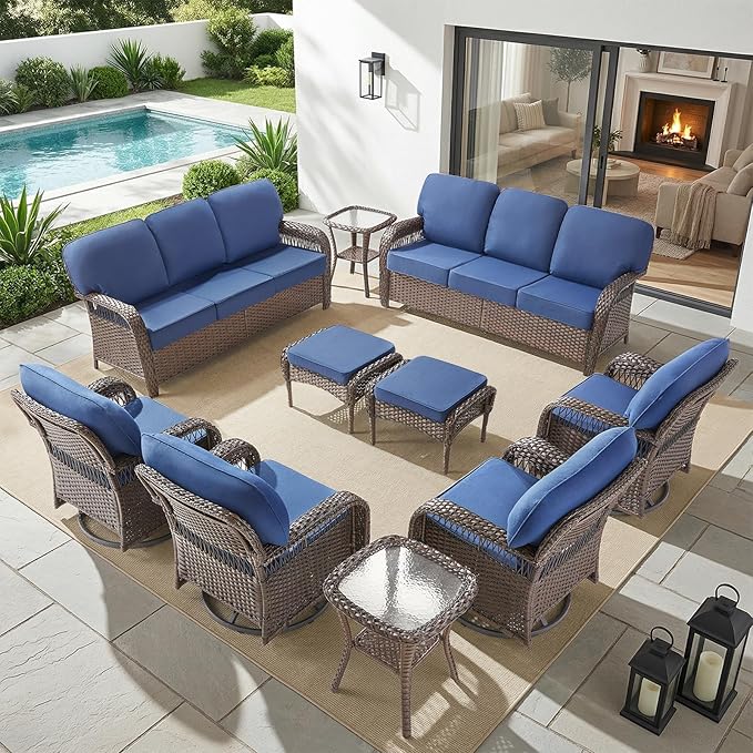 Belord Patio Wicker Swivel Rocker Patio Chairs with 3-Seater Sofa, Outdoor Rattan Chairs for Deck Porch Poolside, 10 Piece Patio Conversation Furniture Set,Blue