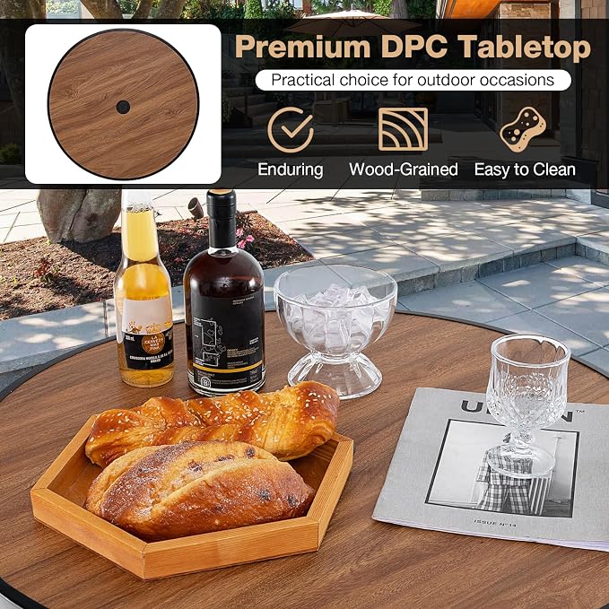 Tangkula 28” Outdoor Bar Table, Round Bar Height Table with Wood-Like Tabletop, Umbrella Hole & Footrest, Patio Bistro Table, High Top Table for Backyard, Garden & Deck