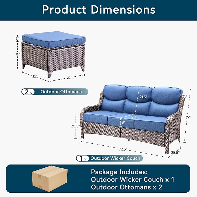 Luxury 3 Pieces Patio Furniture Sets-All Weather Wicker Rattan 3-Seat Sofa Set with Comfy 6" Cushion, Multifunctional Ottomans Patio Conversation Set for Deck Backyard Garden(Brown/Blue)