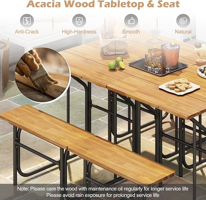 Tangkula Patio Dining Bench Set for 2, Heavy-Duty Outdoor Acacia Wood Dining Furniture with Metal Legs for Balcony, Backyard, Poolside, Garden (2,32” x 27.5” x 29.5”)