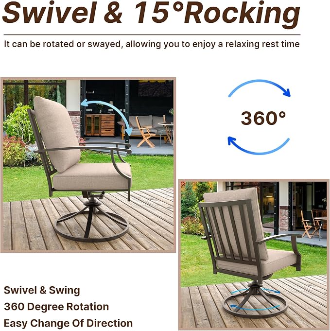Gotland 7 Piece Outdoor Dining Set, Metal Outdoor Table and Swivel Chairs with X-Shaped Legs 1.5" Umbrella Hole, Patio Furniture Set with Waterproof Cushions, Patio Dining Sets for Backyard Deck Khaki