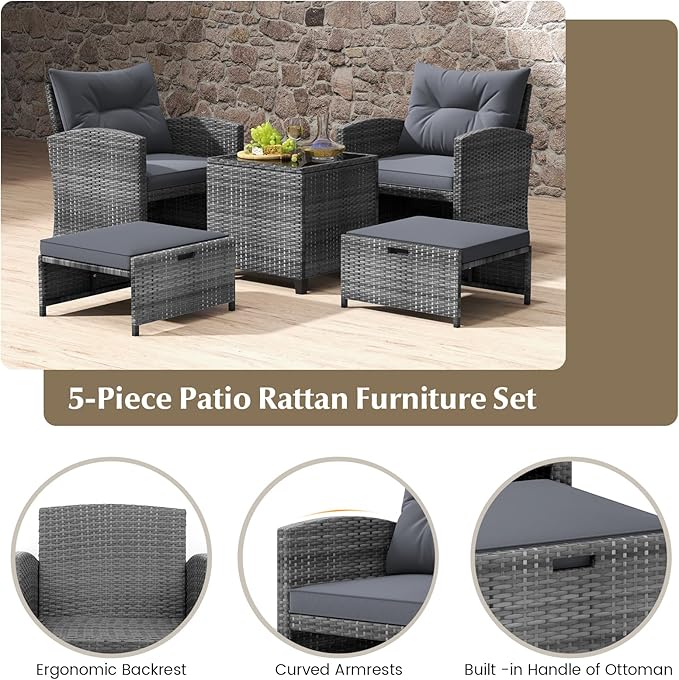 HAPPYGRILL 5-Piece Outdoor PE Rattan Conversation Set, Wicker Patio Furniture Set with Cushion, Ottoman & Coffee Table for Backyard Garden Poolside Lawn Deck Porch (Mix Grey & Grey)