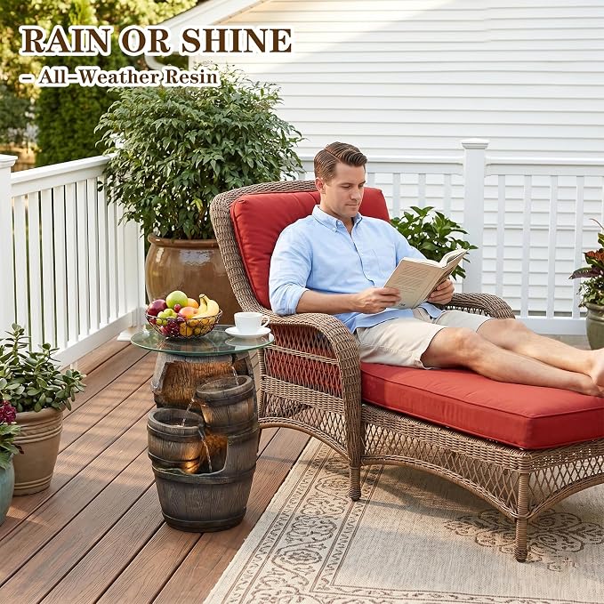 Barrel Side Table with Glass Top & 3-Tier Waterfall – 22.8" Tall Rustic Resin End Table with LED Fountain for Patio, Garden, Living Room, Home Bar