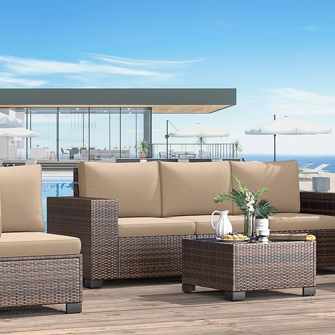 Patio Furniture Set, 12 Pieces Outdoor Sectional Sofa Conversation Sets with Waterproof Cover Modern Wicker Seating Set, 4'' Thickened Cushions & 2 Glass Coffee Table, Beige